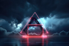 Abstract Futuristic Background With Neon Geometric Shape And Stormy Cloud On Night Sky. Rhombus Frame With Copy Space Generative Ai, Ai.