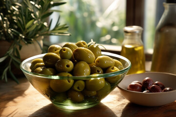 Wall Mural - glass bowl of olives on a wooden table. culinary projects, materials on the restaurant industry, promotional materials on healthy eating