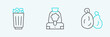 Set line Garbage bag, Full trash can and Cleaning lady service icon. Vector