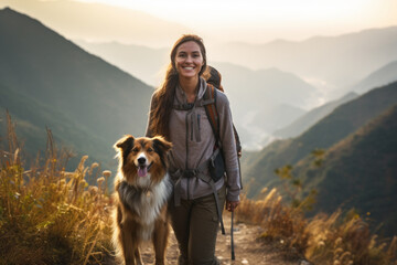 woman hiking with her dog on a mountain ridge. she is on a steep slope of the mountain, where an ama