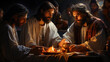 A group of people sitting around a table with a lit candle. Generative AI. Last supper of Jesus, AI generative image.