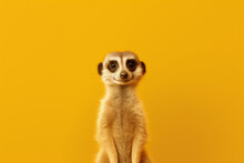 Meerkat Standing Up On A Yellow Background. The Photo Is Cute And Could Be Associated With Wild Animals And Exotic Trips To Africa.