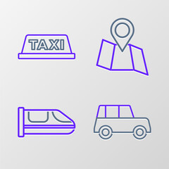 Sticker - Set line Car, High-speed train, Folded map with location and Taxi car roof icon. Vector