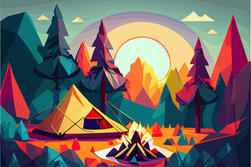 Campfire in the forest in the night. Vector illustration of fire in the nature. Traveling illustration. Holiday camp, cartoon style landscape. Mountain vacation. Bonfire in the wood for picnic.