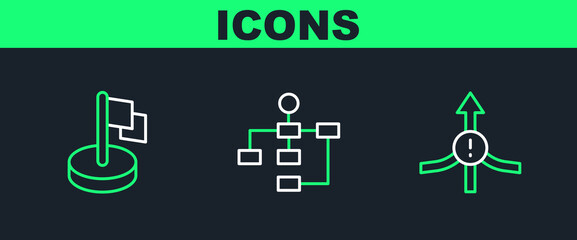 Poster - Set line Arrow, Flag and Hierarchy organogram chart icon. Vector