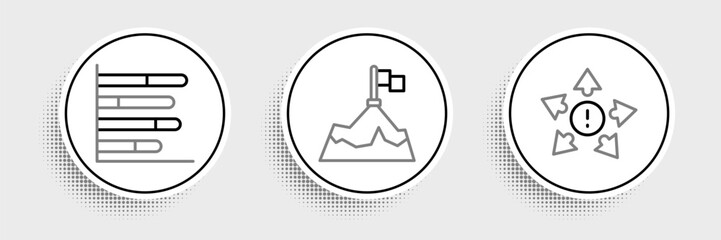 Poster - Set line Many ways directional arrow, Pie chart infographic and Mountains with flag icon. Vector