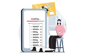 Aufkleber - Electronic receipt concept with people scene in flat design for web. Woman receiving digital bill and paying with credit card in app. Vector illustration for social media banner, marketing material.