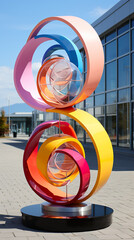 A colorful sculpture in front of a building. Generative AI. Abstract kinetic sculpture, colorful art object.