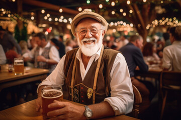 Oktoberfest Senior man holding beer, Generative AI