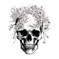 Wall Mural - A black and white drawing of a skull with flowers. Generative AI.