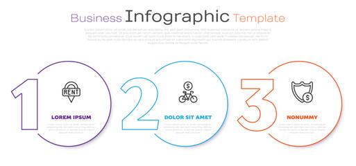 Sticker - Set line Location key, Bicycle rental mobile app and Shield with dollar. Business infographic template. Vector