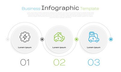 Set line Gear and lightning, Charging car at home and Electric. Business infographic template. Vector