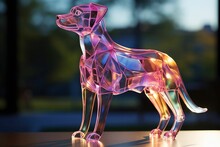 A Purple Glass Sculpture Of A Dog On A Table With It's Head Turned