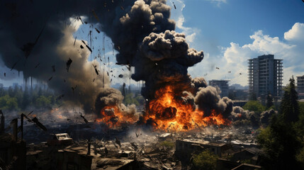 
The bombing of the city, hostilities. War concept. Generative AI.
