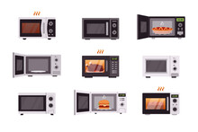 Set Of Various Microwave Ovens Flat Style, Vector Illustration