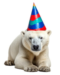 Wall Mural - polar bear with a party hat, isolated on a transparant background, funny animals, clipart cutout scrapbook, birthday card