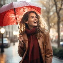 Woman, Young Girl Holding Umbrella, Happy, Smiling, In The Rain