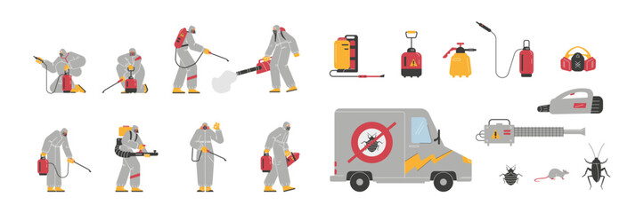 Pest control service elements set - flat vector illustration isolated on white background.