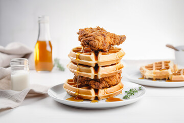 traditional sweet and savory american dish of crunchy fried chicken and waffles drizzled with maple 