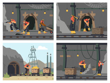 Set Of Miners Extracting Minerals From Underground, Flat Vector Illustration.