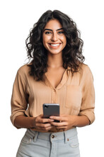 Latin American woman using smart phone smiling to the camera. Transparent background