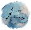 Pisces zodiac sign constellation on watercolor background isolated on white, horoscope character, black constellation in the blue sky