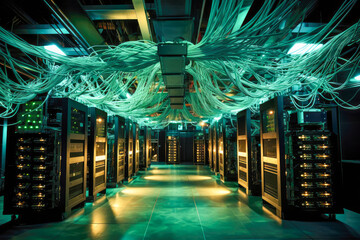Poster - Server room data center with racks and rows of server racks. Generative AI