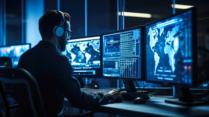 Poster - Rear view of male security guard in headset working in surveillance room. Generative AI