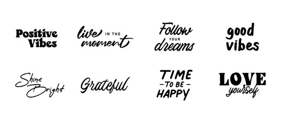 vector set with motivational quotes. hand written inspirational phrases. happiness and positive mess
