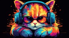 Cool Cat In Headphones And Sunglasses Listens To Music. Close Portrait Of Furry Kitty In Fashion Style. Generative AI Illustration. Printable Design For T-shirts, Mugs, Cases, Etc.