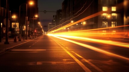 Wall Mural - Road with light trails of passing vehicles. Motion speed light in city. Dynamic background. Town at night with speed traffic. Generative AI. Illustration for banner, poster, cover or presentation.