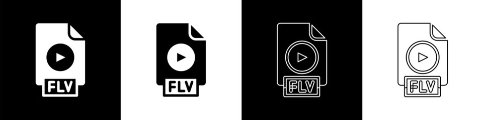 Poster - Set FLV file document video file format. Download flv button icon isolated on black and white background. FLV file symbol. Vector