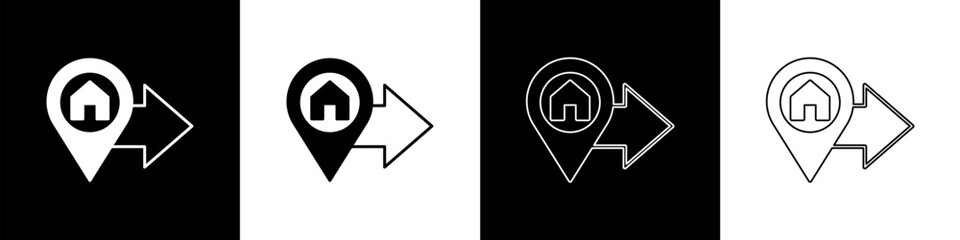 Poster - Set Map pointer with house icon isolated on black and white background. Home location marker symbol. Vector