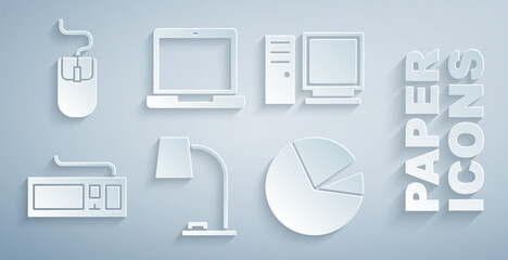 Poster - Set Table lamp, Computer monitor, Keyboard, Pie chart infographic, Laptop and mouse icon. Vector