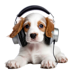 Wall Mural - puppy with headphones, isolated on a transparant background, funny animals, clipart cutout scrapbook