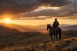 a horizontal layout, of a Cowboy on his horse, overlooking a stunning landscape at sunset, beautifully cinematic a Western-themed image in a JPG format. Generative AI