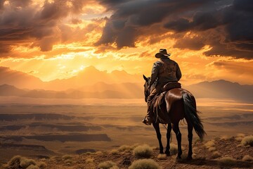 a horizontal layout, of a Cowboy on his horse, overlooking a stunning landscape at sunset, beautifully cinematic a Western-themed image in a JPG format. Generative AI