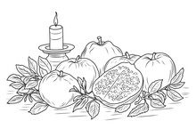 Table With Apples, Pomegranates And Candles.Jewish New Year.Shana Tova.Simple Line Illustration For Coloring Rosh Hashanah.Coloring Page.