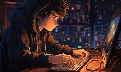 Young boy watching a computer with a lamp in his room at night time.