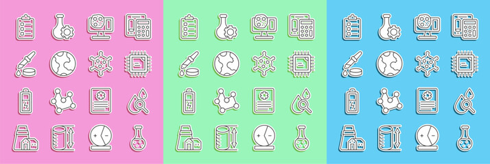 Poster - Set line Test tube, Drop and magnifying glass, Processor CPU, Genetic engineering, Earth globe, Pipette, To do list planning and Virus icon. Vector