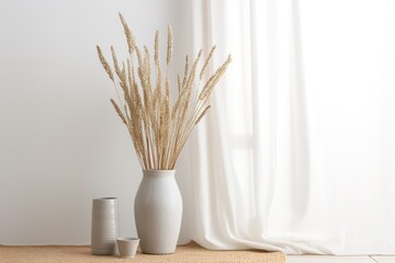 Wall Mural - large white vase with tall grass and several vases in front of white curtain