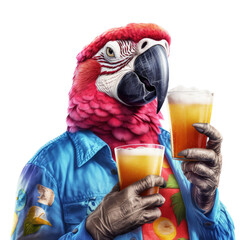 Wall Mural -  a Macaw as a party animal, a cool cat, in a Hawaiian shirt holding a drink in a Fun Party-themed, photorealistic illustration in a PNG, cutout, and isolated. Generative AI