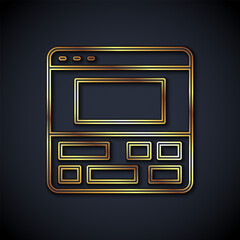 Poster - Gold line Video recorder or editor software on laptop icon isolated on black background. Video editing on a laptop. Vector