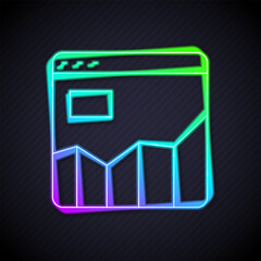 Poster - Glowing neon line Graph, schedule, chart, diagram, infographic, pie graph icon isolated on black background. Vector
