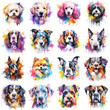 Set of dogs of various breeds painted in watercolor on a white background in a realistic manner, colorful, rainbow.