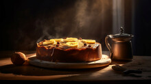 Banana Cake On A Table In Sun Light, New Quality Stock Image Food Illustration Desktop Wallpaper Design, Generative AI