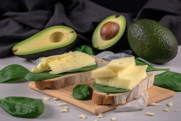 Poster - Illustration of an appetizing avocado and cheese sandwich on a wooden cutting board