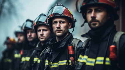 Firefighters standing in a row, their confident and stoic expressions showcasing their professionalism Generative AI