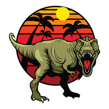 Tyrannosaurus Rex Against The Backdrop Of Sunset And Palm Trees. Dinosaur Logo. Vector Graphics
