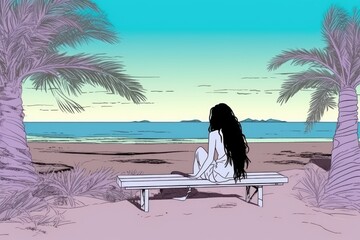 Wall Mural - woman enjoying the view while sitting on a beach bench